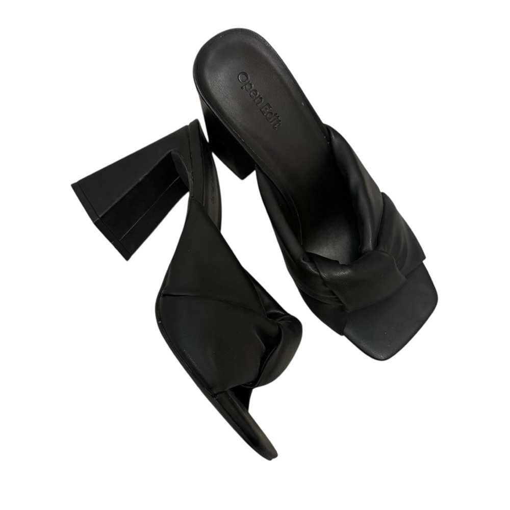 Open Edit Black Knot Mule Heels | Square Toe Chunky Block Heel Sandals | 8